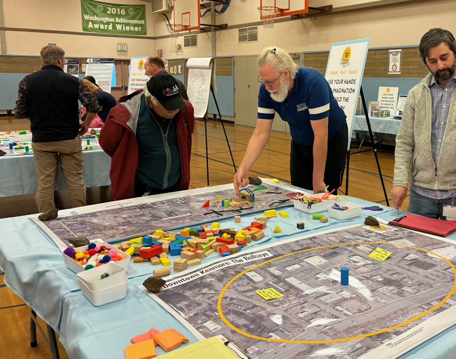 Blocks atop a map of Kenmore for residents to signal where they'd like to see development as part of the Love Where You Live project. 